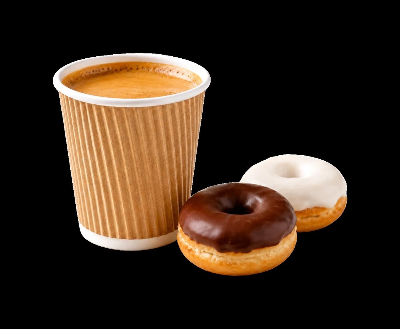 Kraft coffee cup with crema, next to a chocolate donut and an iced donut
